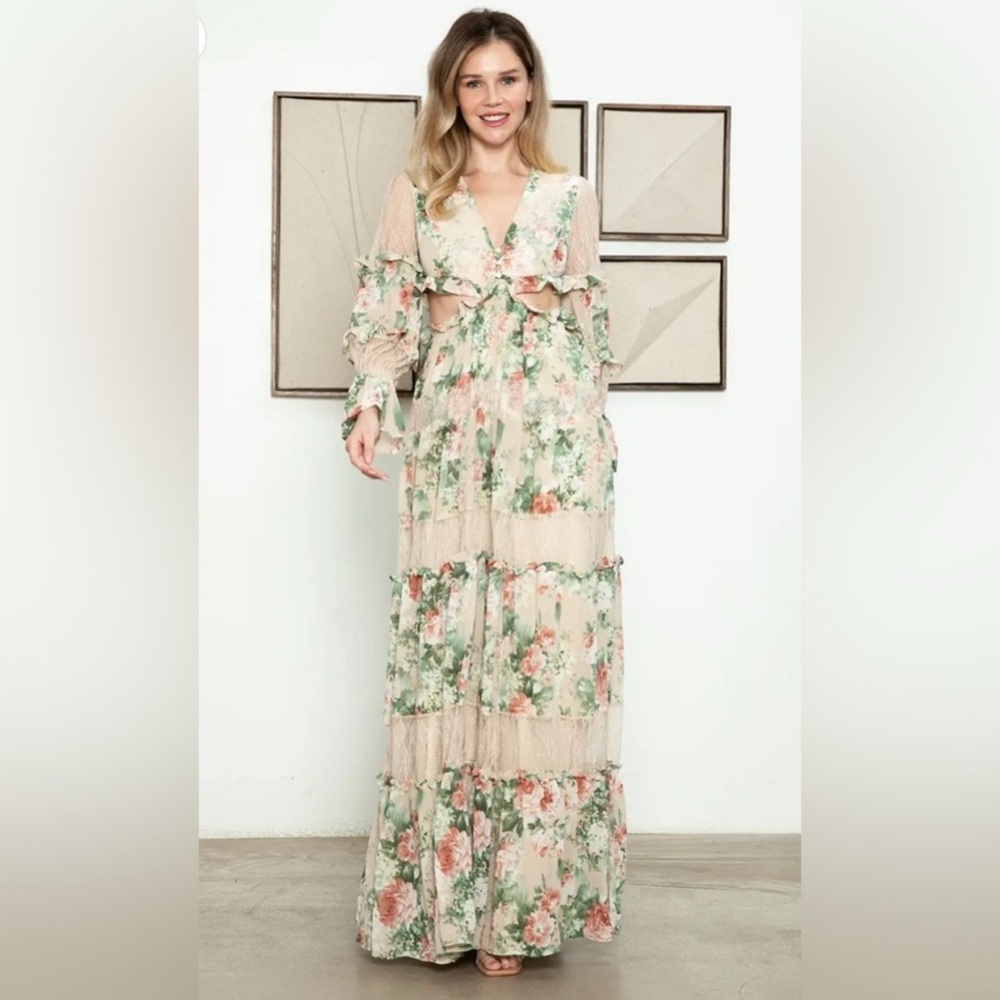 Floral Maxi Dress in Cream and Green
